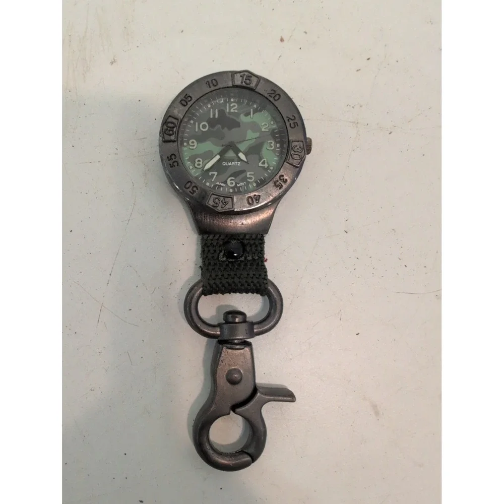 Men's Green Camo Belt Loop Clip Pocket Watch Quartz Japan Movement